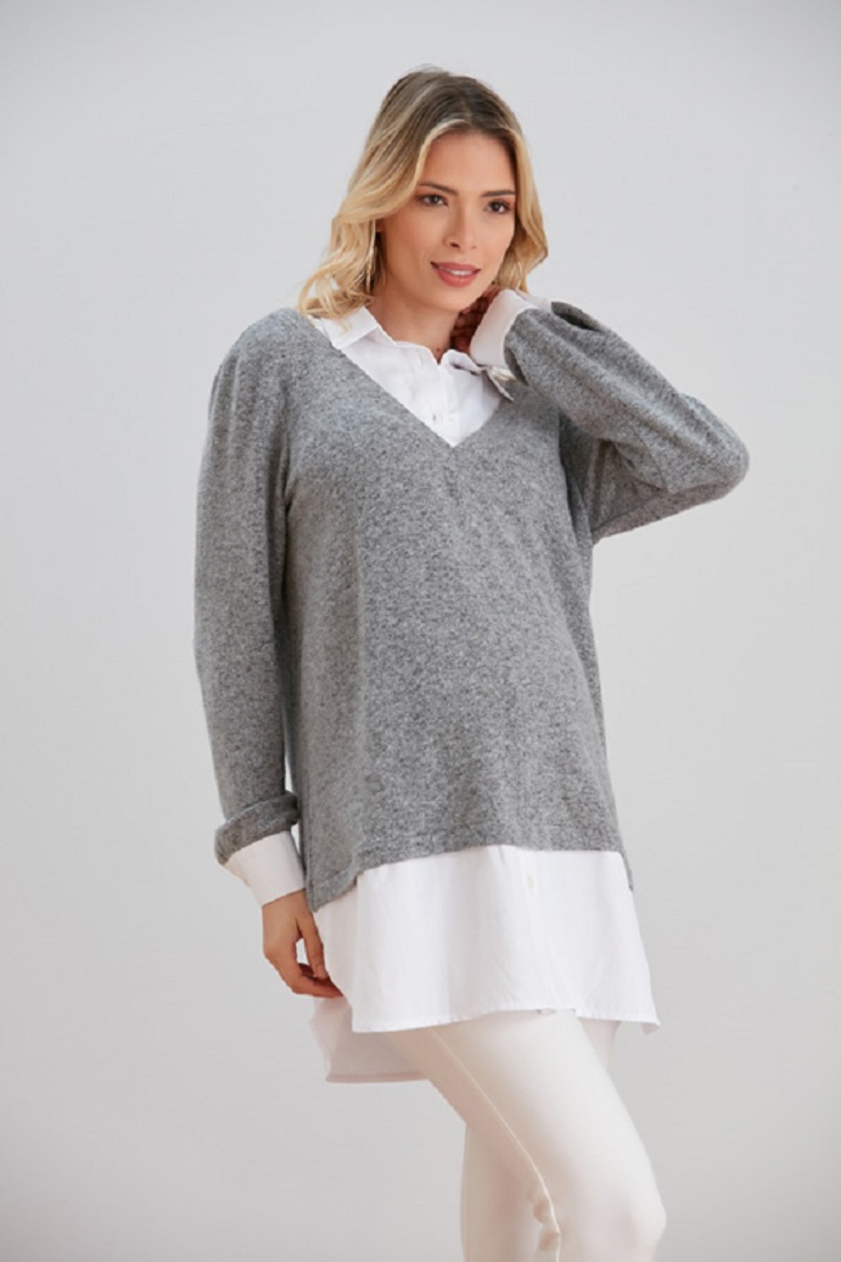 Hamile V Yaka Örme + Poplin Kombinli Gömlek Yakalı Tunik